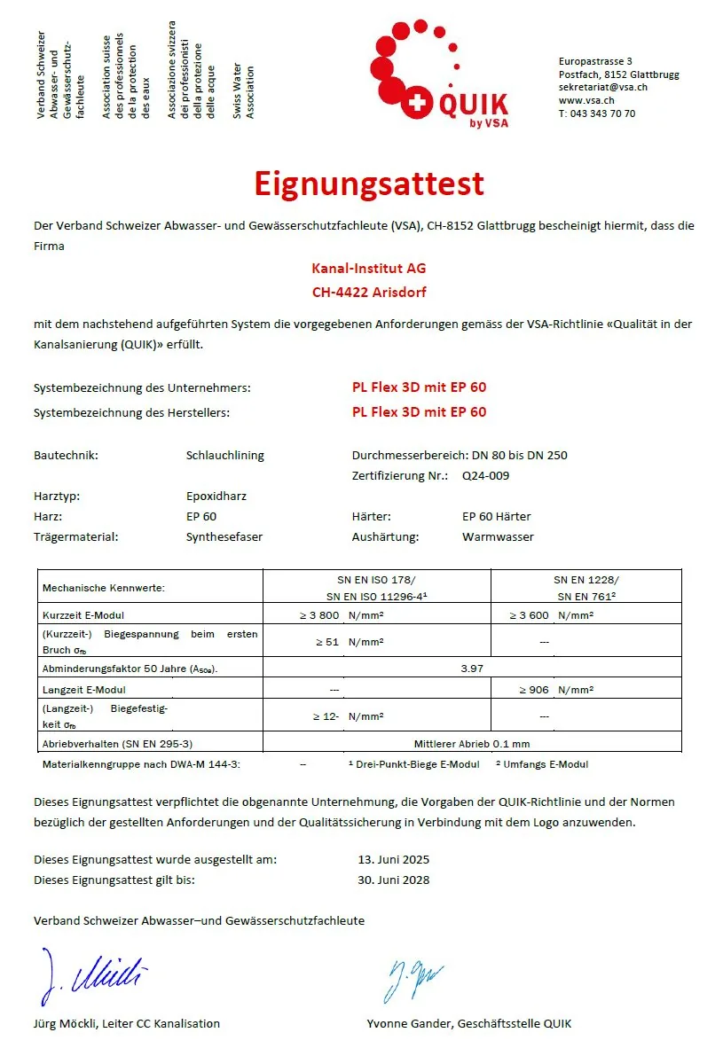 Eignungsattest QUIK des Verbands Schweizer Abwasser- und Gewässerschutzfachleute